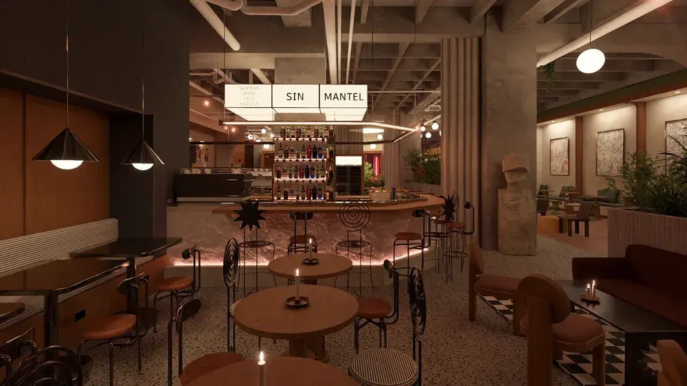 Barra y lámparas colgantes del café