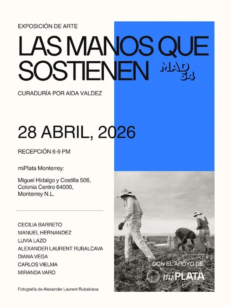 Afiche de exposición sobre fondo azul