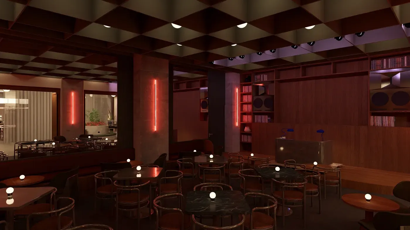 Interior de un bar con luz tenue