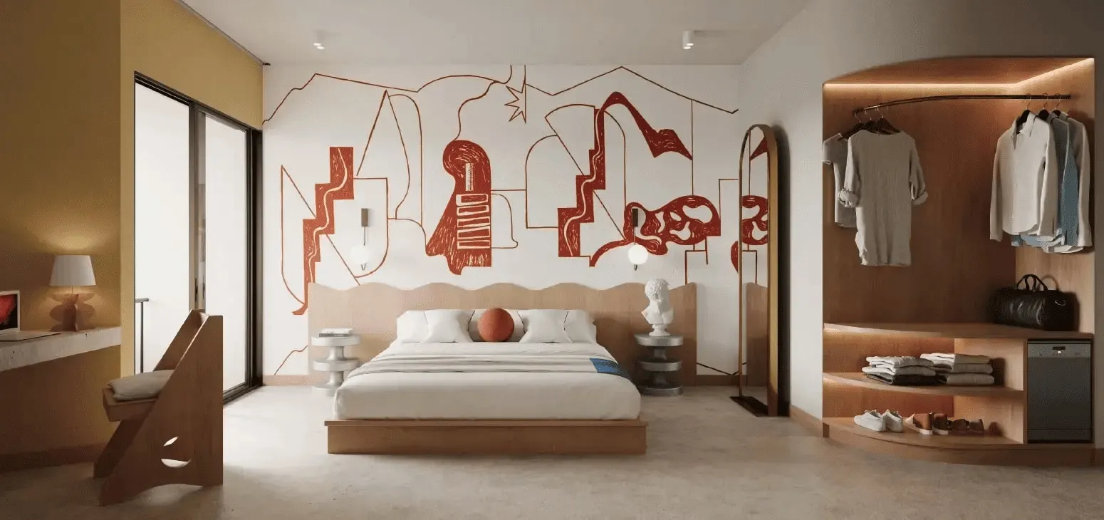 Suite King Duplex con cama King bajo un mural de líneas rojas y clóset abierto