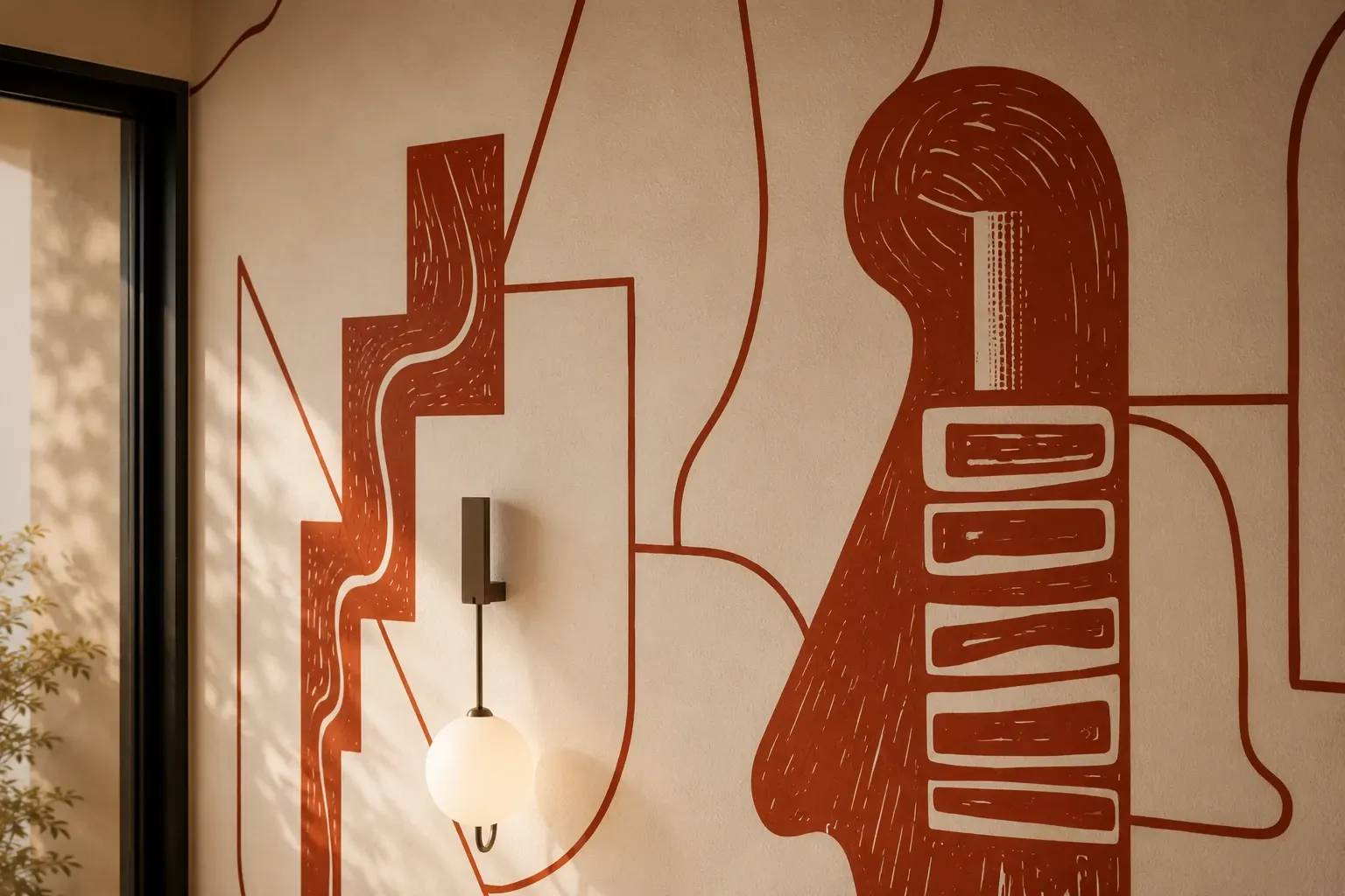 Mural de figuras en tonos rojos