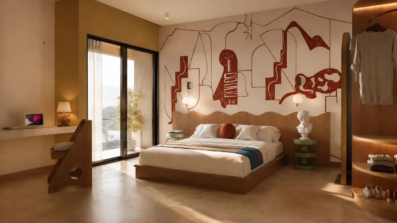 Habitación con mural de líneas sobre la cama